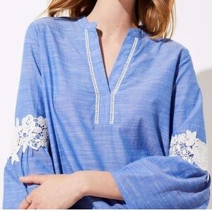 Loft blue and white embroidered ling sleeve blouse